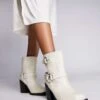 Public Desire Wide Fit Freak Heeled Ankle Biker Boot In Cream For Women -Desirelic Store 205673652 1 cream