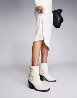 Public Desire Wide Fit Freak Heeled Ankle Biker Boot In Cream For Women -Desirelic Store 205673652 4