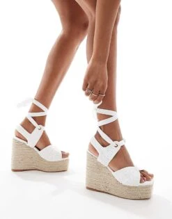Public Desire Wide Fit Solstice Heeled Espadrille With Woven Straps In White For Women -Desirelic Store 205673688 2