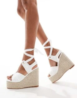 Public Desire Wide Fit Solstice Heeled Espadrille With Woven Straps In White For Women -Desirelic Store 205673688 3