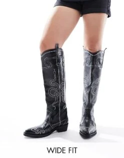 Public Desire Wide Fit Serpentine Western Boot With Embroidery In Black For Women -Desirelic Store 205673759 1 black 1