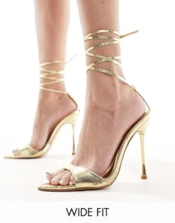Public Desire Wide Fit Ronnie Pointed Heeled Sandal With Ankle Tie In Gold For Women