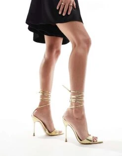 Public Desire Wide Fit Ronnie Pointed Heeled Sandal With Ankle Tie In Gold For Women -Desirelic Store 205673768 4