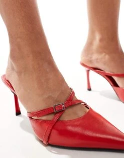 Public Desire Cassanova Pointed Strappy Heeled Mules With Buckles In Cherry Red For Women -Desirelic Store 205959527 2