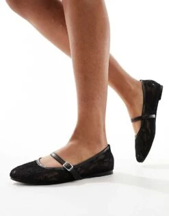 Public Desire Pirouette Lace Mary Jane Ballet Flats In Black For Women Black Mesh Lace -Desirelic Store 205959599 4