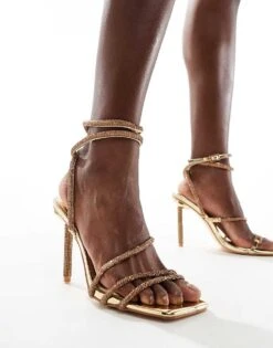 Public Desire Wide Fit Clueless High Strappy Sandals In Diamante Gold For Women -Desirelic Store 205960889 2