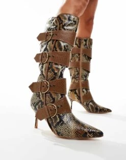Public Desire Wide Fit Samurai Kitten Heel Knee Boots With Buckles In Snake For Women Brown Snake -Desirelic Store 205960897 2