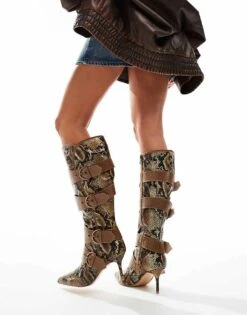 Public Desire Wide Fit Samurai Kitten Heel Knee Boots With Buckles In Snake For Women Brown Snake -Desirelic Store 205960897 3