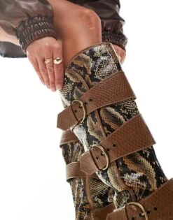 Public Desire Wide Fit Samurai Kitten Heel Knee Boots With Buckles In Snake For Women Brown Snake -Desirelic Store 205960897 4