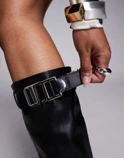 Public Desire Halia Heeled Knee Boots With Buckle Detail In Black PU For Women -Desirelic Store 206538908 3