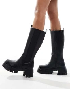 Public Desire Bryant Pull On Knee Boots In Black PU For Women Black Pu -Desirelic Store 206538926 2