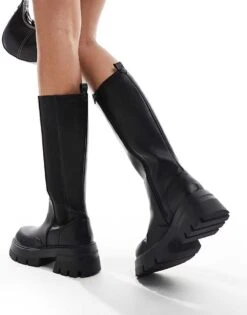 Public Desire Bryant Pull On Knee Boots In Black PU For Women Black Pu -Desirelic Store 206538926 4