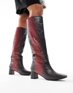 Public Desire Tamira Block Heel Knee Boots In Red Ombre Croc For Women -Desirelic Store 206538980 1 redombre 1