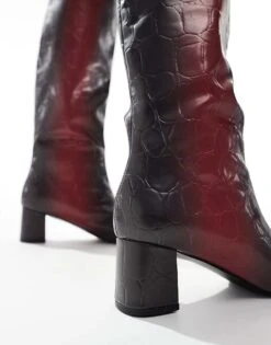 Public Desire Tamira Block Heel Knee Boots In Red Ombre Croc For Women -Desirelic Store 206538980 3