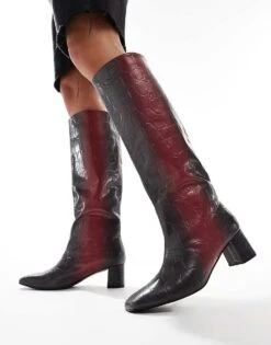 Public Desire Tamira Block Heel Knee Boots In Red Ombre Croc For Women -Desirelic Store 206538980 4