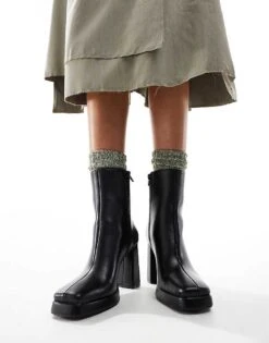 Public Desire Patty2 Square Toe Platform Heeled Ankle Boots In Black For Women Black Pu