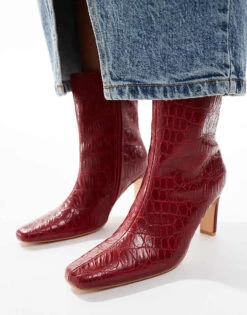 Public Desire Polaris Sqaure Toe Heeled Ankle Boots In Red For Women