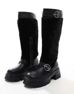 Public Desire Switch Up Fluffy Fur Knee Boots With Buckles In Black For Women -Desirelic Store 206539041 1 black 1