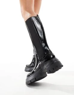 Public Desire Bryant Pull On Knee Boots In Black Crinkle Patent For Women -Desirelic Store 206539070 3