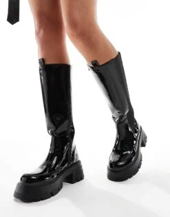Public Desire Bryant Pull On Knee Boots In Black Crinkle Patent For Women -Desirelic Store 206539070 4