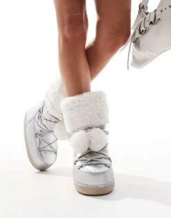 Public Desire Aster Snowboots With With Fur Trim And Pom Pom Detail In Silver For Women -Desirelic Store 206539123 3