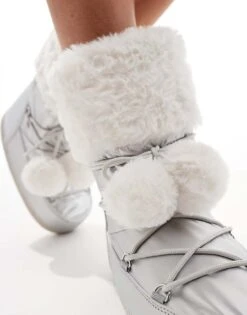 Public Desire Aster Snowboots With With Fur Trim And Pom Pom Detail In Silver For Women -Desirelic Store 206539123 4