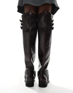 Public Desire Sagitarrius Flat Over The Knee Harness Boots In Burgundy For Women -Desirelic Store 206539134 3