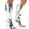 Public Desire Amped Kitten Heel Straight Leg Pointed Knee Boots In Silver Mirror For Women -Desirelic Store 206539142 1 silvermirror