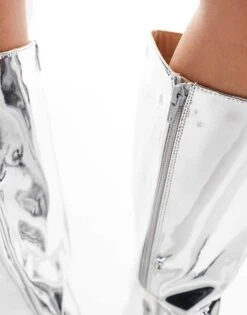 Public Desire Amped Kitten Heel Straight Leg Pointed Knee Boots In Silver Mirror For Women -Desirelic Store 206539142 3