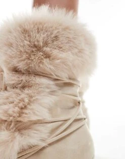 Public Desire Celtica Fur Trim Lace Detail Heeled Ankle Boots In Cream For Women -Desirelic Store 206539151 3