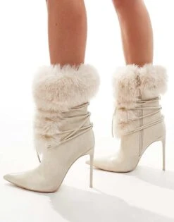 Public Desire Celtica Fur Trim Lace Detail Heeled Ankle Boots In Cream For Women -Desirelic Store 206539151 4