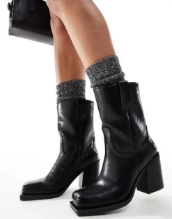 Public Desire Loki Sqaure Toe Heeled Ankle Boots In Black For Women Black Pu -Desirelic Store 206539160 1 blackpu 1
