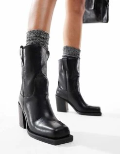 Public Desire Loki Sqaure Toe Heeled Ankle Boots In Black For Women Black Pu -Desirelic Store 206539160 4