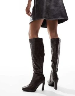 Public Desire Acquilla Heeled Knee Boots With Square Toe In Brown Croc For Women -Desirelic Store 206539185 3