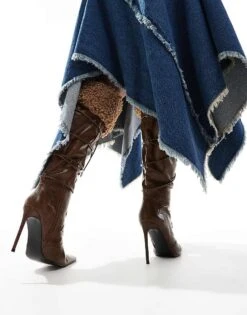 Public Desire Crusader Fur Trim Pointed Knee Boots In Brown For Women -Desirelic Store 206539205 2