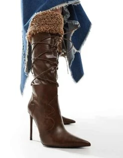 Public Desire Crusader Fur Trim Pointed Knee Boots In Brown For Women -Desirelic Store 206539205 3