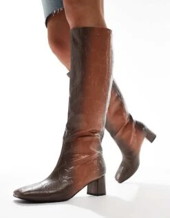 Public Desire Tamira Block Heel Knee Boots In Brown Ombre Croc For Women Brown / Cream Ombre -Desirelic Store 206539215 2