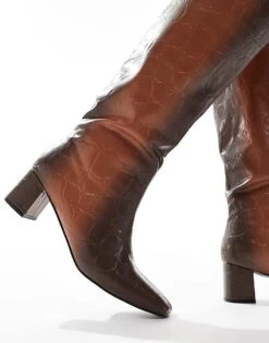 Public Desire Tamira Block Heel Knee Boots In Brown Ombre Croc For Women Brown / Cream Ombre -Desirelic Store 206539215 4