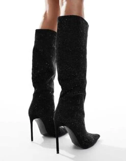 Public Desire Lothario Diamante Embellished Stiletto Pointed Knee Boots Black For Women Black Diamante -Desirelic Store 206539241 3