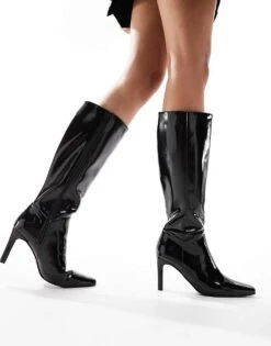 Public Desire Pose Heeled Knee Boots In Black Patent For Women Black Crinkle Patent -Desirelic Store 206539303 3