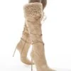 Public Desire Crusader Fur Trim Pointed Knee Boots In Cream For Women -Desirelic Store 206539321 1 cream
