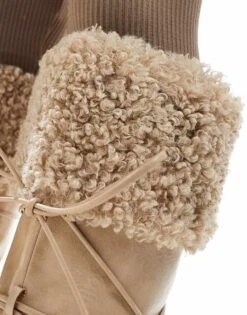 Public Desire Crusader Fur Trim Pointed Knee Boots In Cream For Women -Desirelic Store 206539321 2