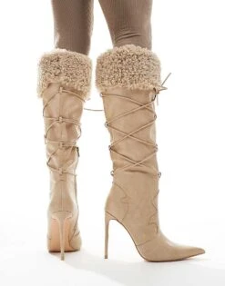 Public Desire Crusader Fur Trim Pointed Knee Boots In Cream For Women -Desirelic Store 206539321 3