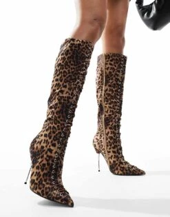 Public Desire Witchcraft Lace Up Knee Boots In Leopard For Women -Desirelic Store 206539348 2