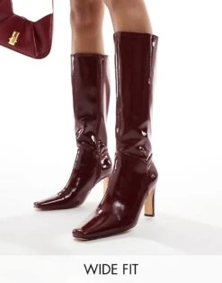 Public Desire Wide Fit Public Desire Pose Wide Fit Heeled Knee Boots In Wine Patent For Women -Desirelic Store 206544042 1 winepatent 1