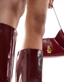 Public Desire Wide Fit Public Desire Pose Wide Fit Heeled Knee Boots In Wine Patent For Women -Desirelic Store 206544042 2
