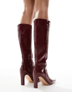 Public Desire Wide Fit Public Desire Pose Wide Fit Heeled Knee Boots In Wine Patent For Women -Desirelic Store 206544042 3