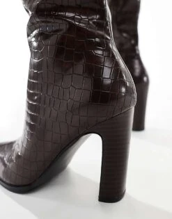 Public Desire Wide Fit Public Desire Acquilla Wide Fit Heeled Knee Boots With Square Toe In Brown Croc For Women -Desirelic Store 206544051 3