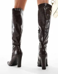 Public Desire Wide Fit Public Desire Acquilla Wide Fit Heeled Knee Boots With Square Toe In Brown Croc For Women -Desirelic Store 206544051 4
