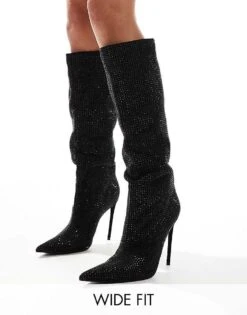 Public Desire Wide Fit Public Desire Lothario Wide Fit Diamante Embellished Stiletto Pointed Knee Boots Black For Women Black Diamante -Desirelic Store 206544132 1 blackdiamante 1